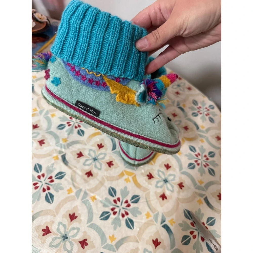 Garnet Hill Kids Wool Unicorn Slippers Mint‎ Blue Bootie Size 2 Made in Ukraine
